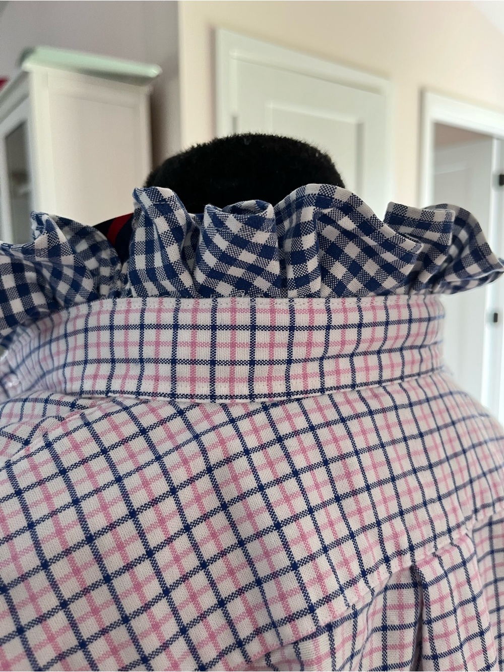 Redesigned Ralph Lauren Men’s Pink & Blue Plaid Button-Down Shirt Ruffle Collar - Picture 5 of 7